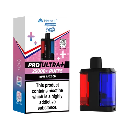 Vape pod kit next to its packaging: Pro Ultra+ 25000+ Puffs, Blue Razz GB flavor; nicotine warning label visible.