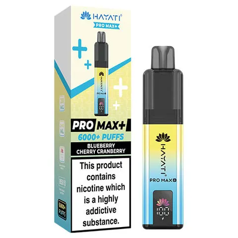 Box and black-and-blue/yellow gradient vape device labeled PRO MAX+ with 6000+ puffs, flavor blueberry cherry cranberry; nicotine warning text is visible on the box.