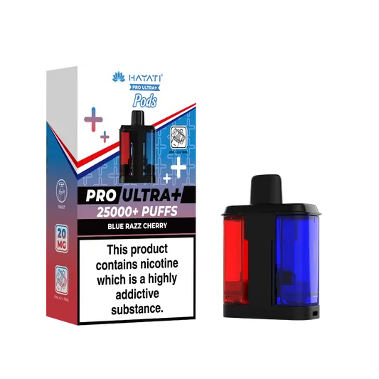 Vape pod kit box labeled PRO ULTRA+ 25000+ PUFFS with a blue/red pod device beside it.