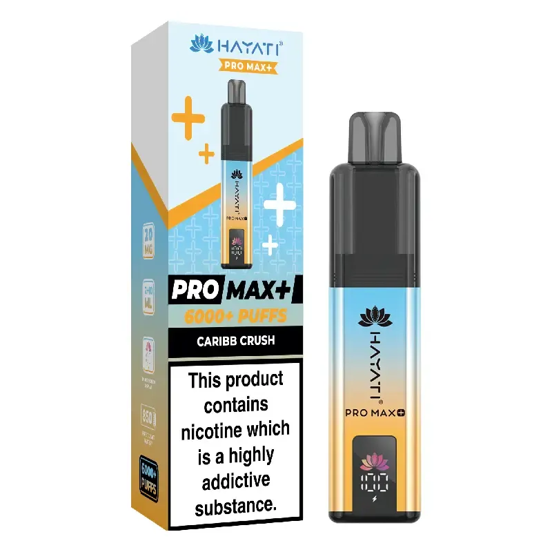 Vape starter kit box and sleek black-blue cartridge device labeled Pro Max+ Caribbean Crush with a nicotine warning on the box