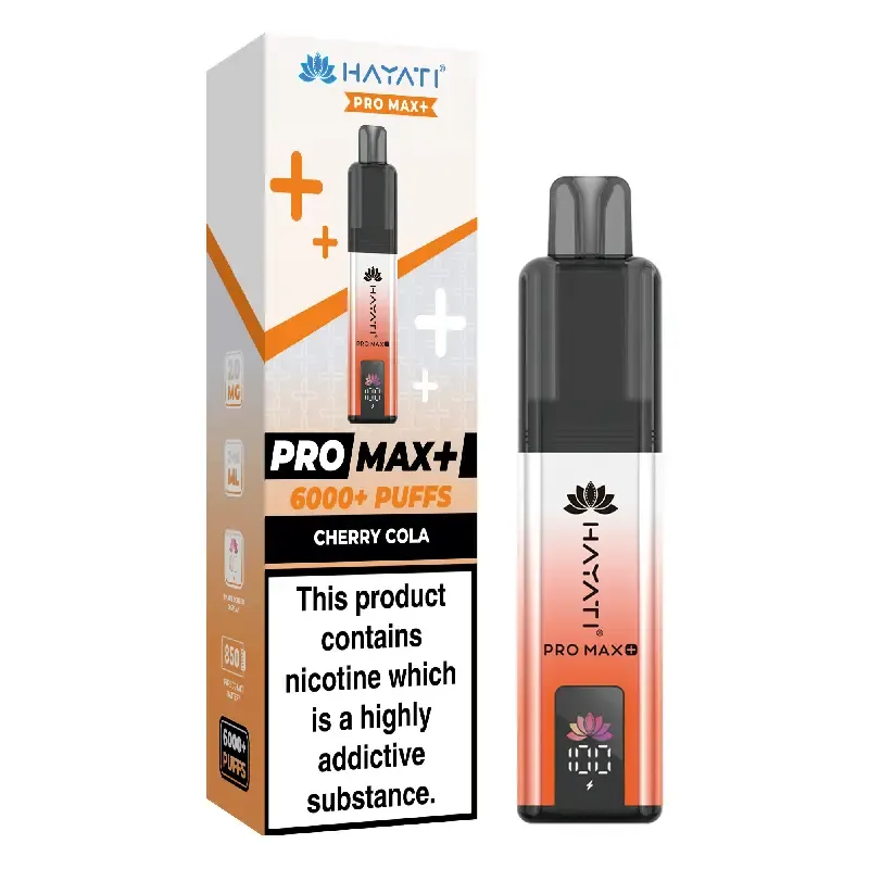 Box and device of HaXati Pro Max+ disposable vape with Cherry Cola flavor, 6000+ puffs, black-to-pink gradient cartridge next to the box warning label.