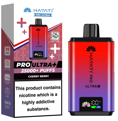 Hayati Pro Ultra+ disposable vape with Cherry Berry flavor; red-to-purple gradient device beside its box with 25,000+ puffs label.