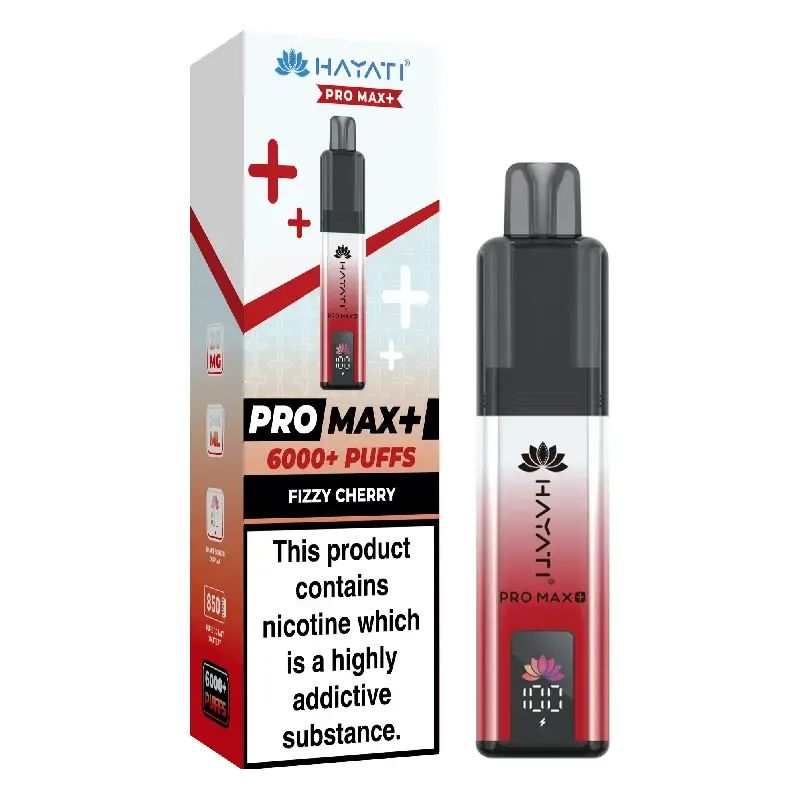 Vape pod device beside its box labeled Hayati Pro Max+ Fizz Cherry; includes nicotine warning on the package.