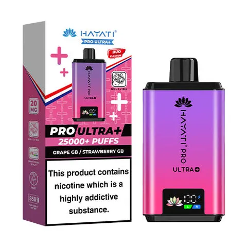 Purple vaping device beside pink box packaging with 'PRO ULTRA+ 2500+ PUFFS' and flavor labels (GRAPE GB / STRAWBERRY GB); includes nicotine warning text on box.