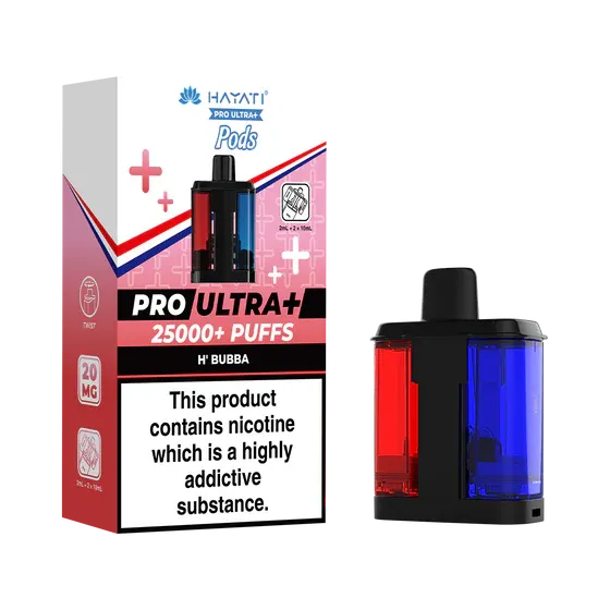 Vape pod kit with Pro Ultra+ 25000+ puffs box and a red/blue dual-chamber pod device.