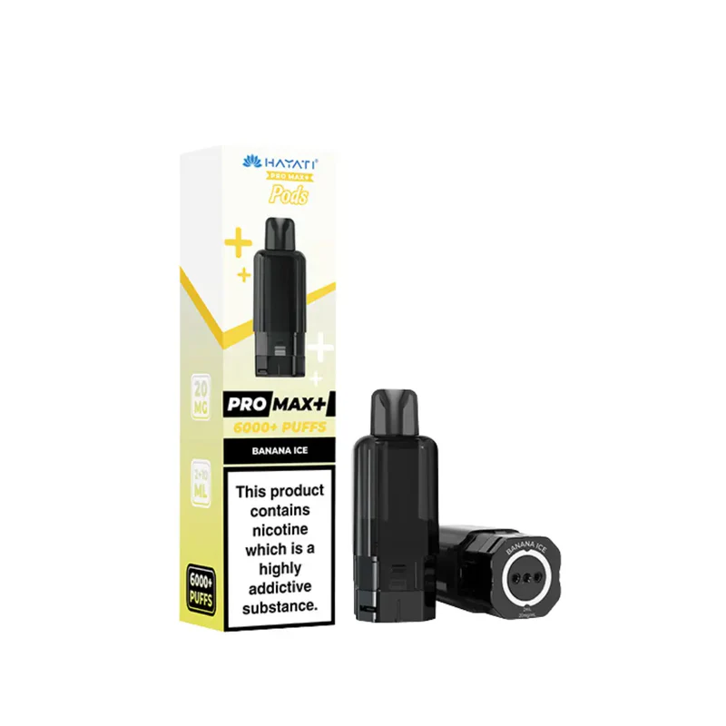 Disposable vape pod and box: black device beside a white-yellow package labeled Pro Max+ 6000+ puffs Banana Ice; nicotine warning visible.