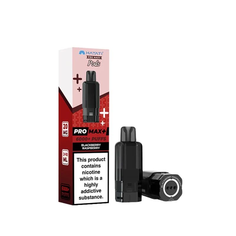 Boxed Hayati Pro Max+ Pods beside a black disposable vape device; flavor Blackberry Raspberry, 6000+ puffs.