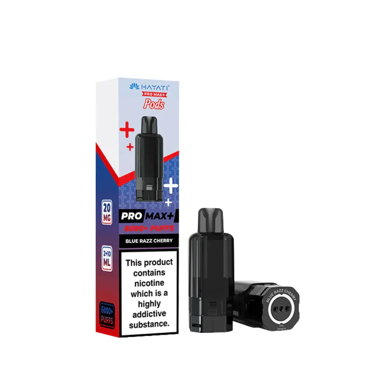 Pod vape kit with black cartridge beside its box, labeled Pro Max+ 6000+ puffs, Blue Razz Cherry flavor, on white background