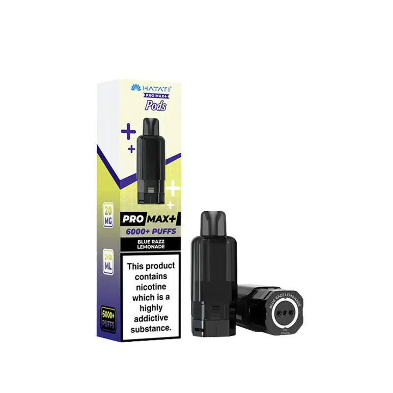 Black vape pod device standing beside a colorful box labeled 'PRO MAX+ 6000+ PUFFS' with 'Blue Razz Lemonade' flavor, and a second pod lying nearby.