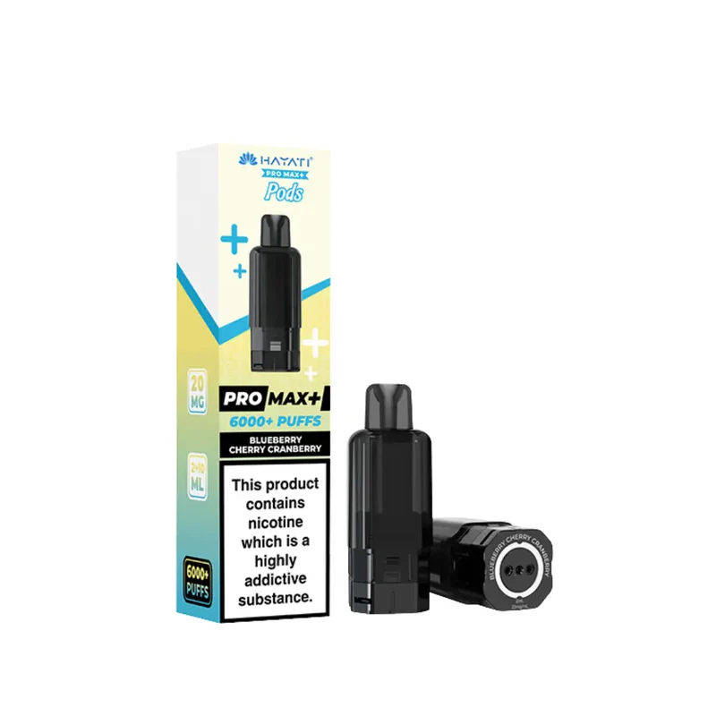 Disposable vape pod kit with its box; flavor Blueberry Cherry Cranberry, 6000+ puffs label visible on packaging