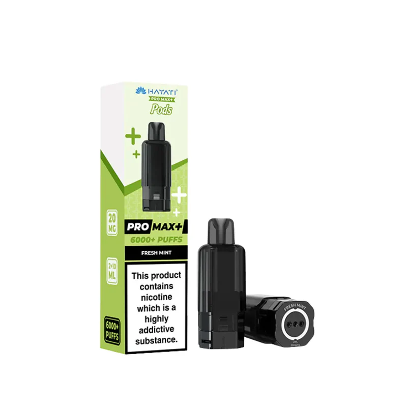 Black disposable pod vape beside a green box that reads Pro Max+ 6000+ Puffs, Fresh Mint, and a nicotine warning.