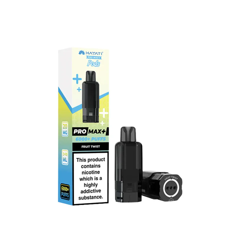 Black vape pod kit with two pods beside a tall box labeled PRO MAX+ Pods and a nicotine warning on the front (fruit twist flavor).