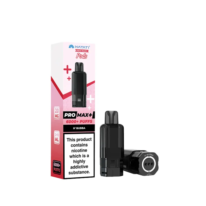 Black disposable vape pod standing upright beside a pink gradient box labeled Pro Max+ 6000+ Puffs, with a nicotine warning on the box