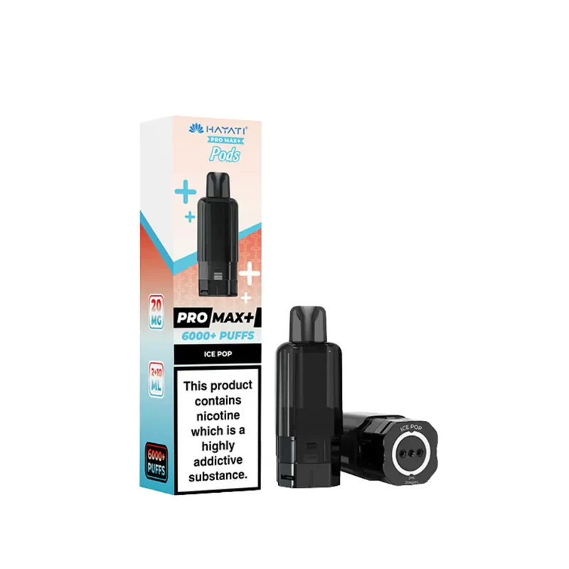Vape pod kit with a black disposable device beside pastel packaging reading PRO MAX+ 6000+ Puffs, Ice Pop flavor, and a nicotine warning label as text.