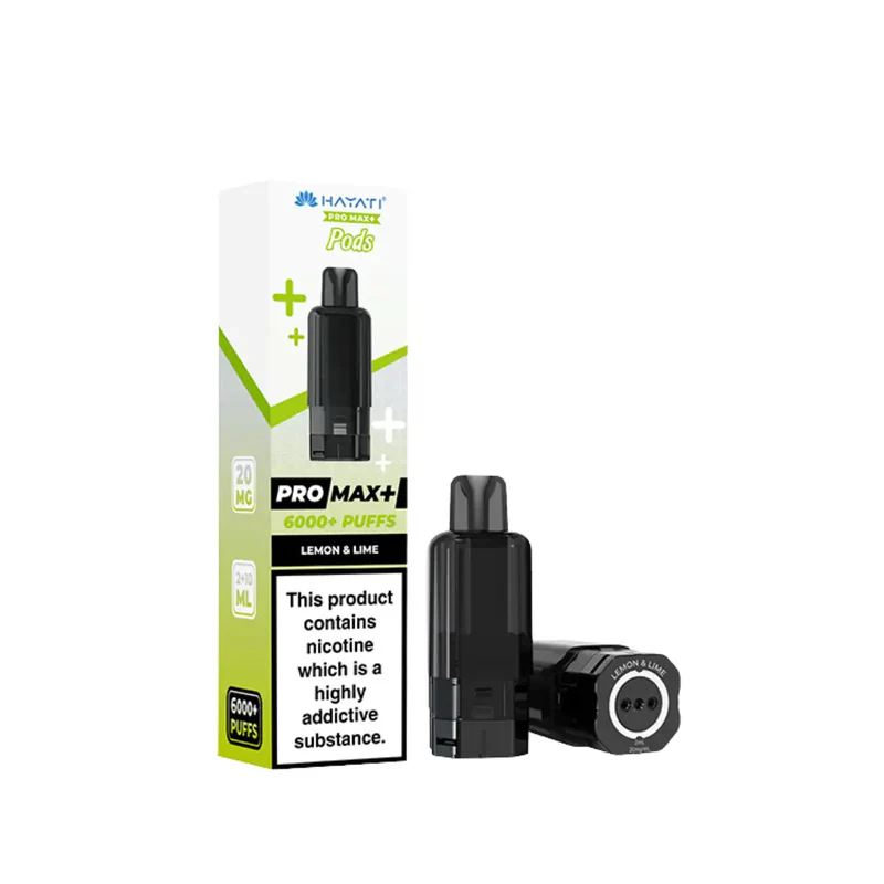 Black vape pod device beside green-and-white box labeled Pro Max+ 6000+ Puffs Lemon & Lime, nicotine warning visible in the box art.