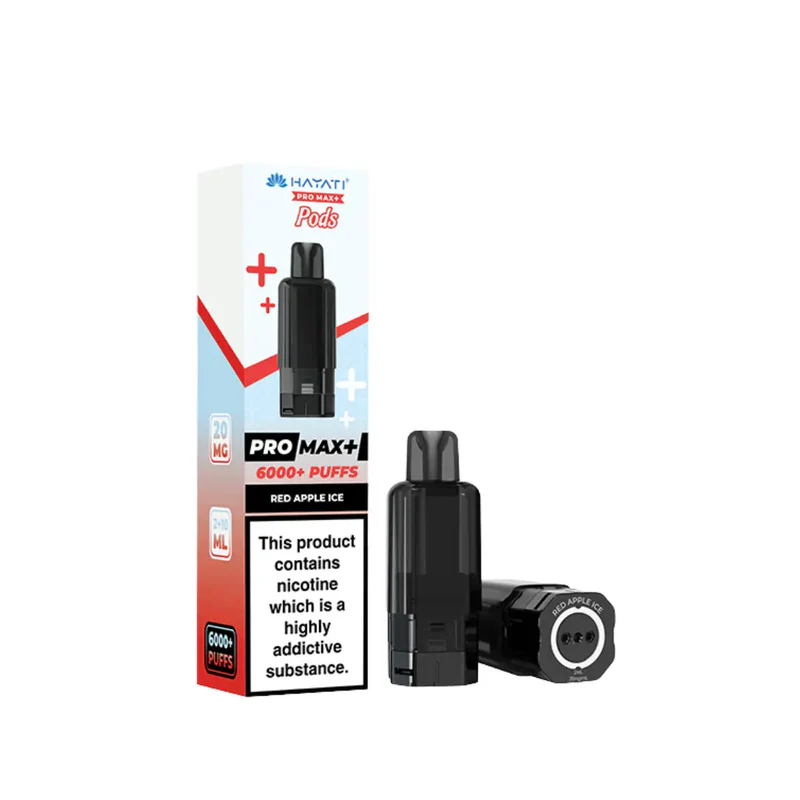 Vape pod device with a separate pod beside its box reading Pro Max+ 6000+ Puffs Red Apple Ice and a nicotine warning on the label.
