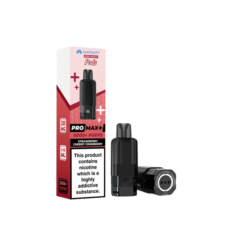 Vape pod kit beside its pink box labeled Pro Max+ and 6000+ puffs, strawberry cherry cranberry flavor. Nicotine warning visible on the box.