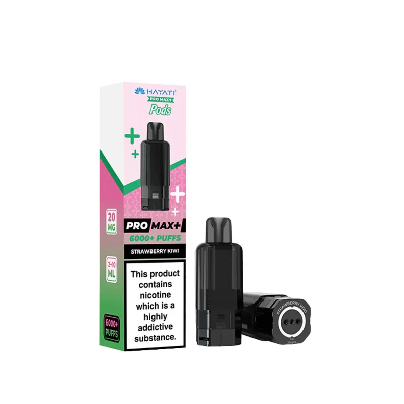 Black disposable vape pod with its pink-green box that reads 'Pro Max+ 6000+ puffs' and flavor 'Strawberry Kiwi' with a nicotine warning on the label scan.
