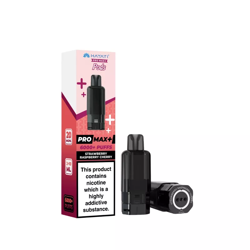 Packaging of Hayat Pro Max+ Pods disposable vape with two black pods and a nicotine warning: 'This product contains nicotine'