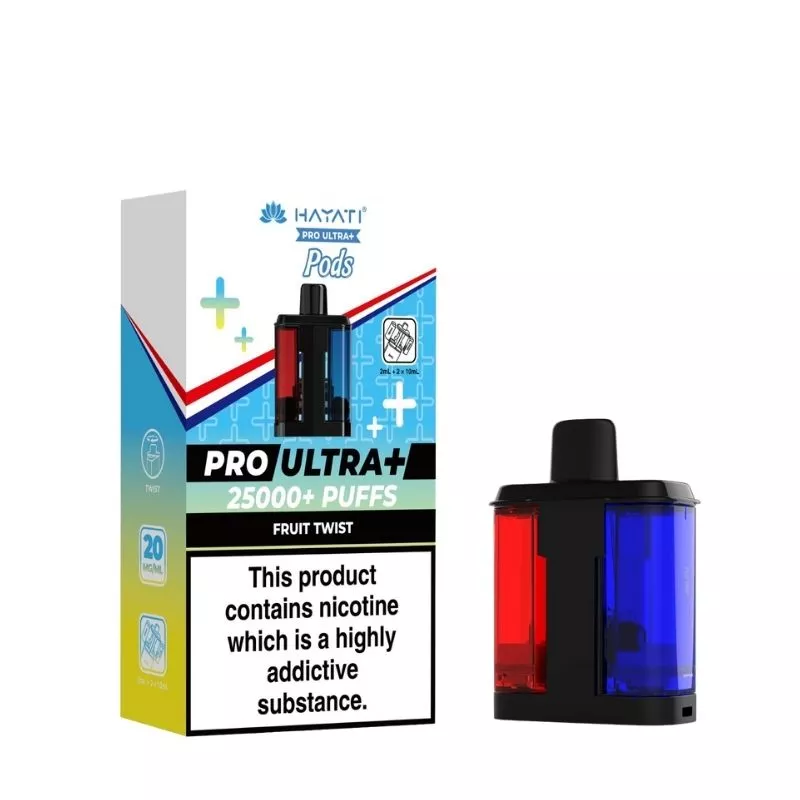 Vape pod device beside a colorful box that says 'Pro Ultra+ 25000+ Puffs' with a nicotine warning label overall image conveys vaping product packaging and usage context.
