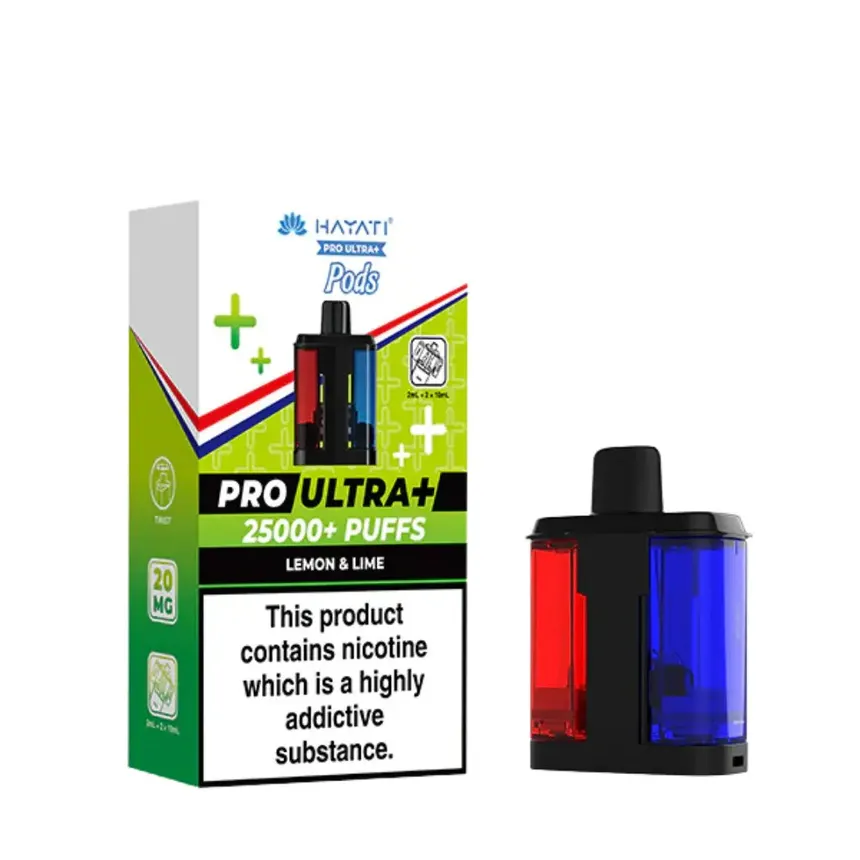 Vape pod package labeled PRO ULTRA+ 25000+ Puffs Lemon & Lime with a separate black and blue/red vape pod device beside it, white background. (informative)
