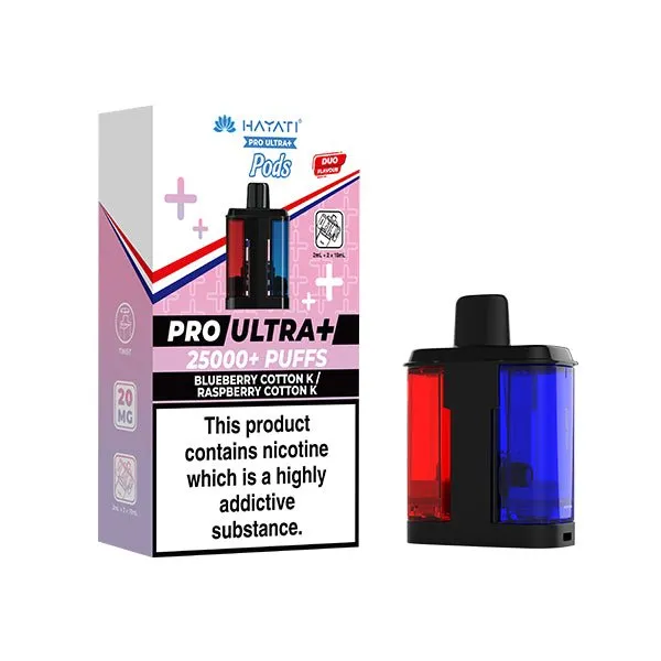 Vape device with red and blue transparent pods beside a purple box labeled Pro Ultra+ 25000+ Puffs and a nicotine warning.