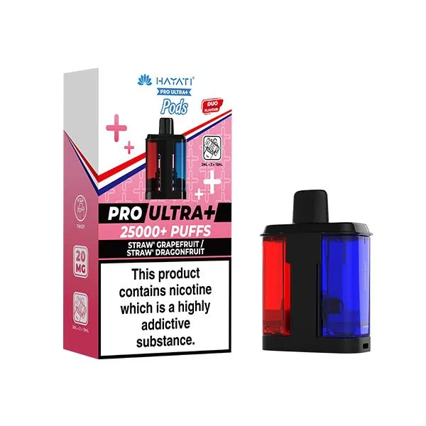 Vape starter kit: pink Pro Ultra+ packaging reading 25000+ puffs, with a black, red and blue dual-chamber device beside it.