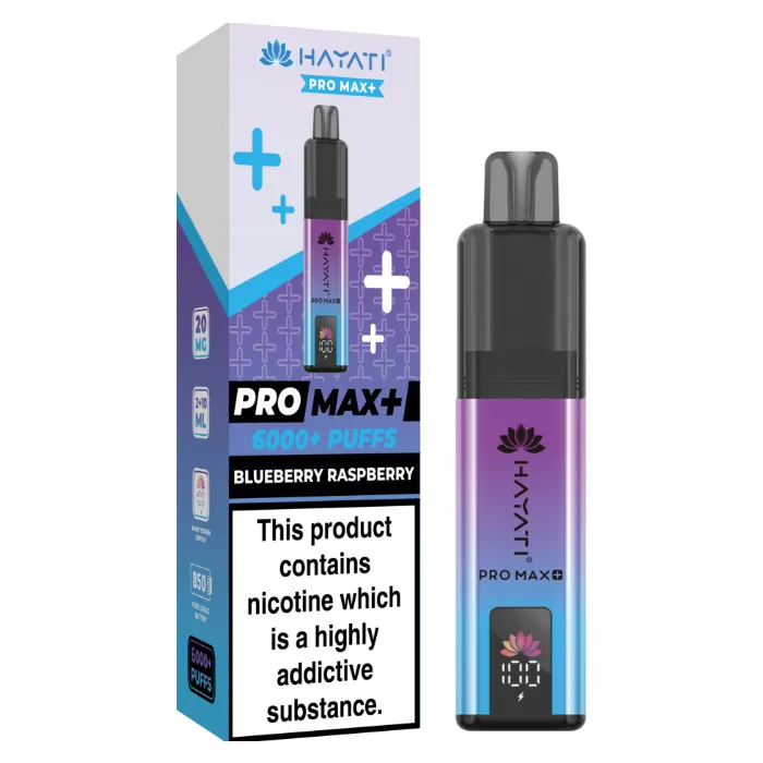 Disposable vape pen with purple-to-blue gradient and black mouthpiece next to its box labeled Pro Max+ 6000+ Puffs, Blueberry Raspberry.