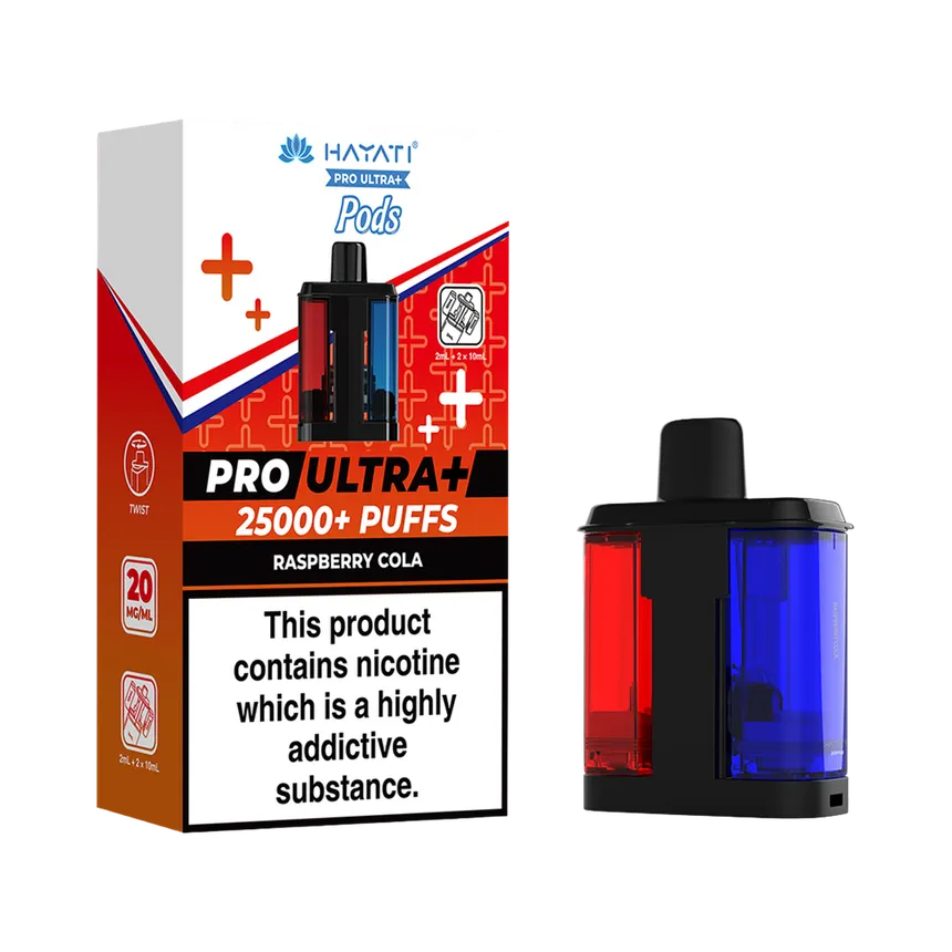 Box of Hayati Pro Ultra+ Raspberry Cola pods with a black vape device beside it; warning label notes nicotine content.