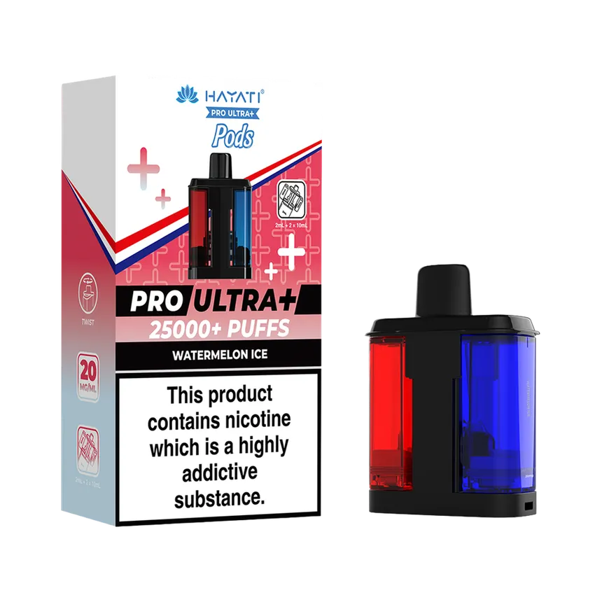 Boxed Hayati Pro Ultra+ Pods Watermelon Ice with a red/blue pod device beside it, featuring a nicotine warning label on the front.