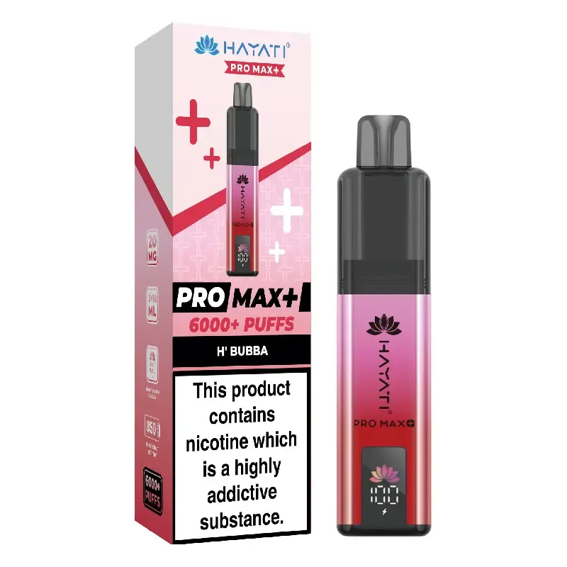 Pink gradient vape pod kit beside its pink-and-white Pro Max+ box, including a bold nicotine warning label on the box side.