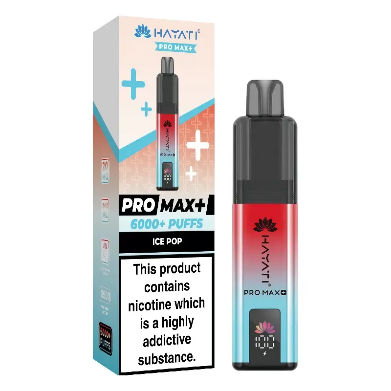 Vape device with blue-to-red gradient, standing next to its box labeled Pro Max+ 6000+ Puffs Ice Pop, including a nicotine warning on the box.