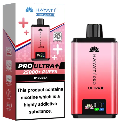 Pink vape device with gradient color next to its packaging; labeled Hayat/Pro Ultra+ 25000+ Puffs, shows warning nicotine is highly addictive on the box.