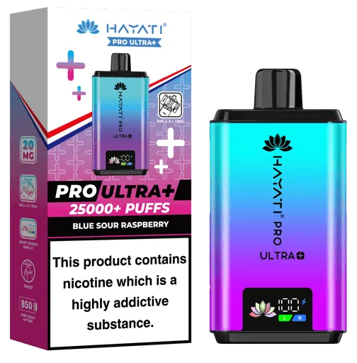 Hayati Pro Ultra+ vape box and gradient blue-to-purple device, 25000+ puffs, Blue Sour Raspberry flavor.