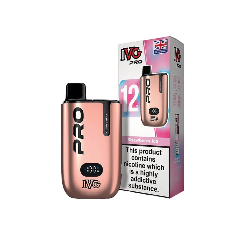 Rose-gold IVG Pro vape device with black mouthpiece beside its Strawberry Ice box and a nicotine warning on the packaging.