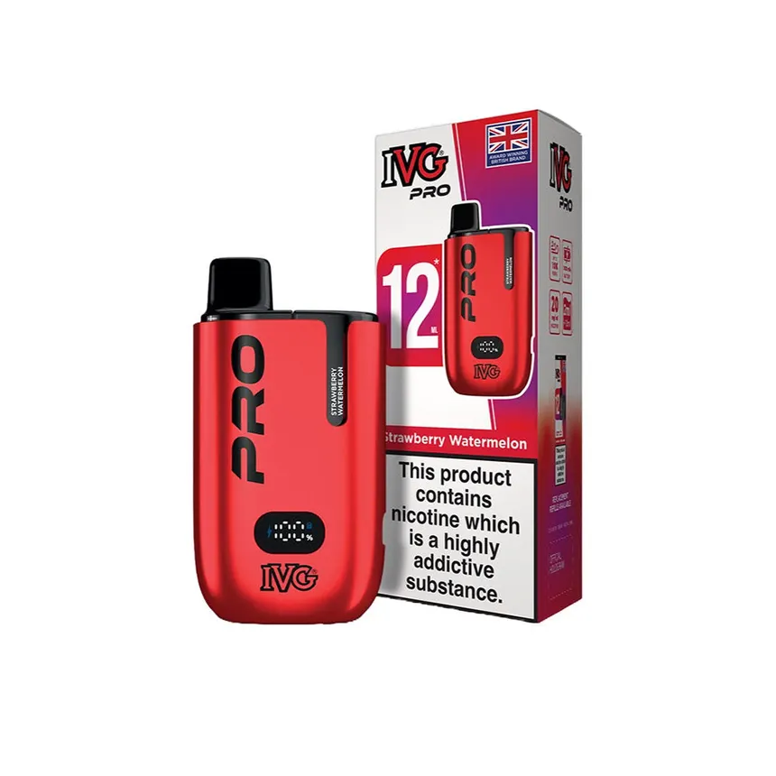 Red IVG Pro disposable vape with strawberry watermelon flavor and its packaging, including a nicotine warning label.