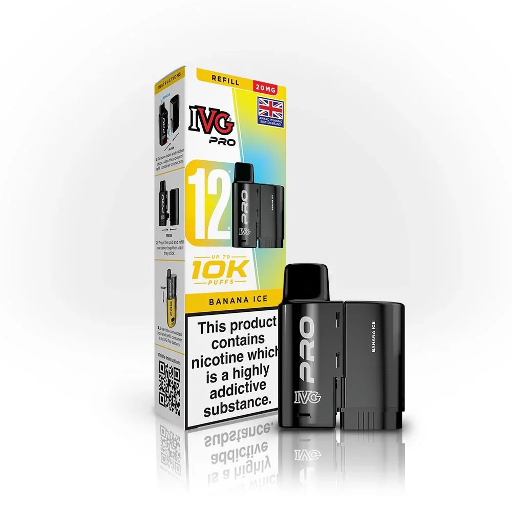 IVG Pro Banana Ice vape pod kit with two black pods beside a colorful box and a nicotine warning label visible on the packaging.