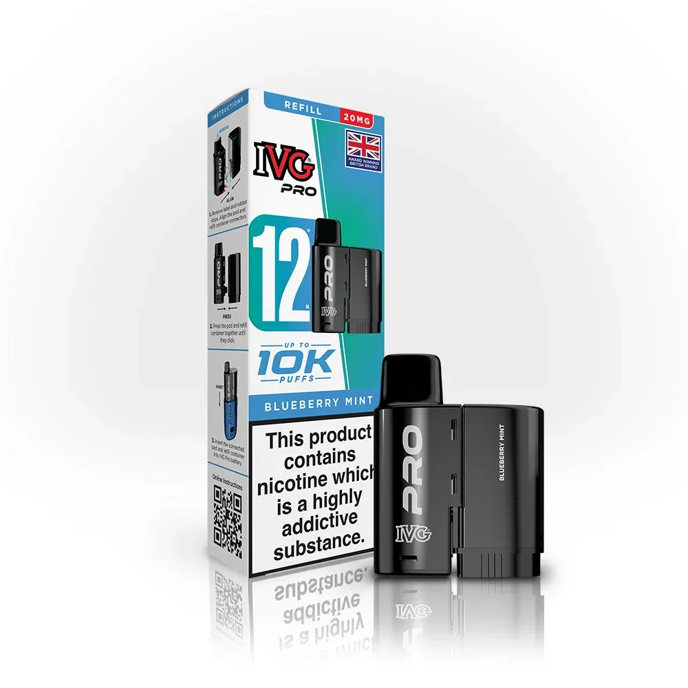 IVG Pro Blueberry Mint vape pod kit with black pods beside its packaging, showing 12 mg nicotine and 10K puffs label.