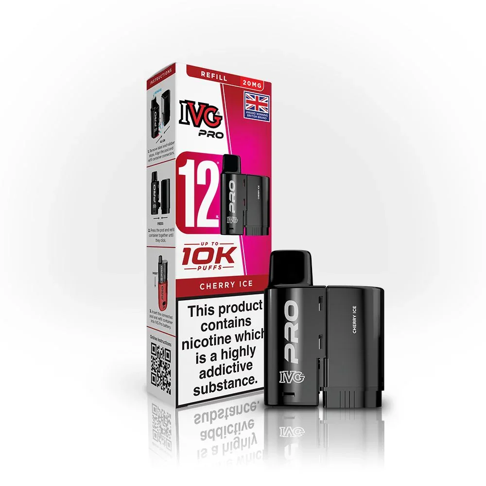 IVG Pro 12 cherry ice nicotine vape kit with black device and pink box, nicotine warning label visible