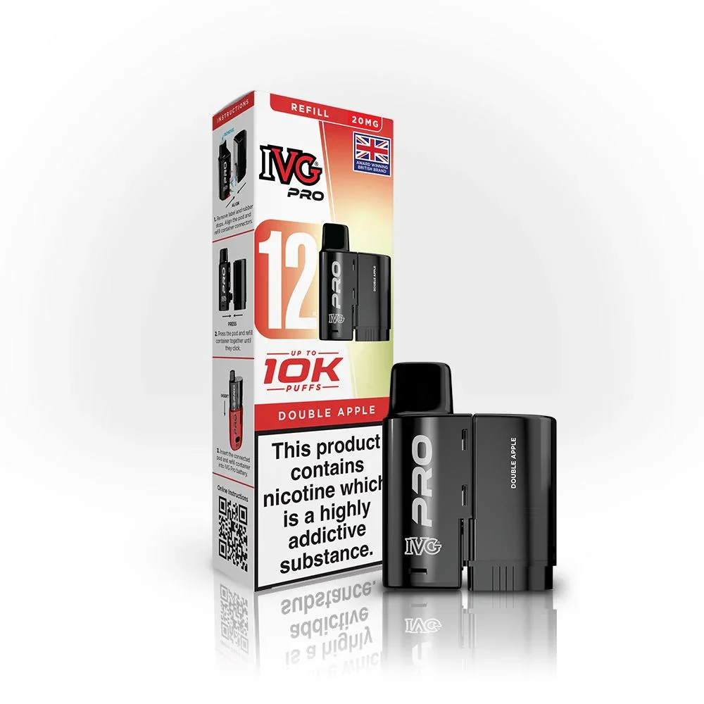 IVG Pro vape kit box with two black vape devices, flavor Double Apple, and nicotine-warning label.
