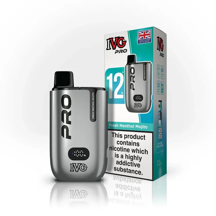 Disposable vape IVG Pro device (silver) with teal box; 12 ml capacity and Fresh Menthol Mojito flavor.