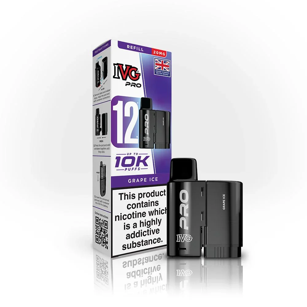 IVG Pro vape pod kit with Grape Ice flavor box and two black pods, nicotine warning on the front.