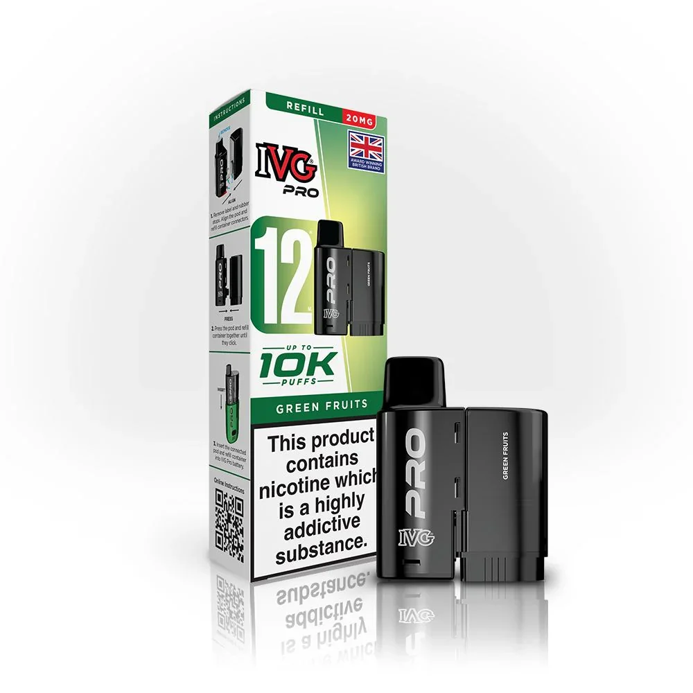 Vape kit packaging: IVG Pro box with large green graphics and two black pod devices beside it, flavor marked as Green Fruits.