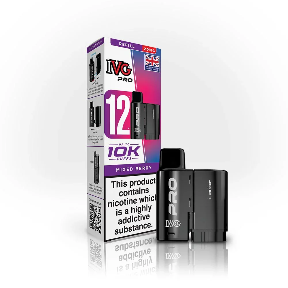 IVG Pro vape pod kit in mixed berry flavor with 12 mg nicotine, shown with packaging and two black pods.