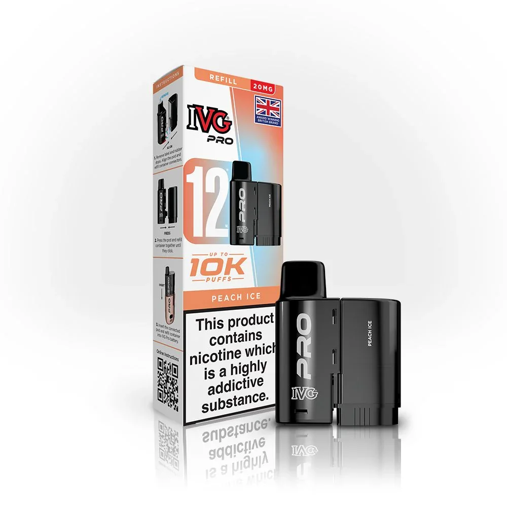 Vape pod kit (IVG Pro) with peach ice flavor, shown beside its packaging and a nicotine-warning label on the box