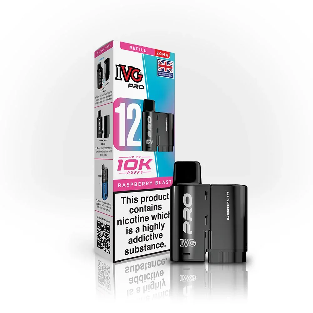 IVG Pro vaping kit and box with Raspberry Blast flavor, large pink '12' and nicotine warning on the front.
