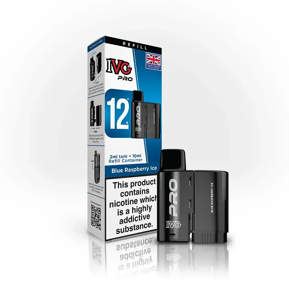 IVG Pro vape kit with blue and black packaging, showing a 12 ml capacity and nicotine warning on the box, placed beside the pod device.