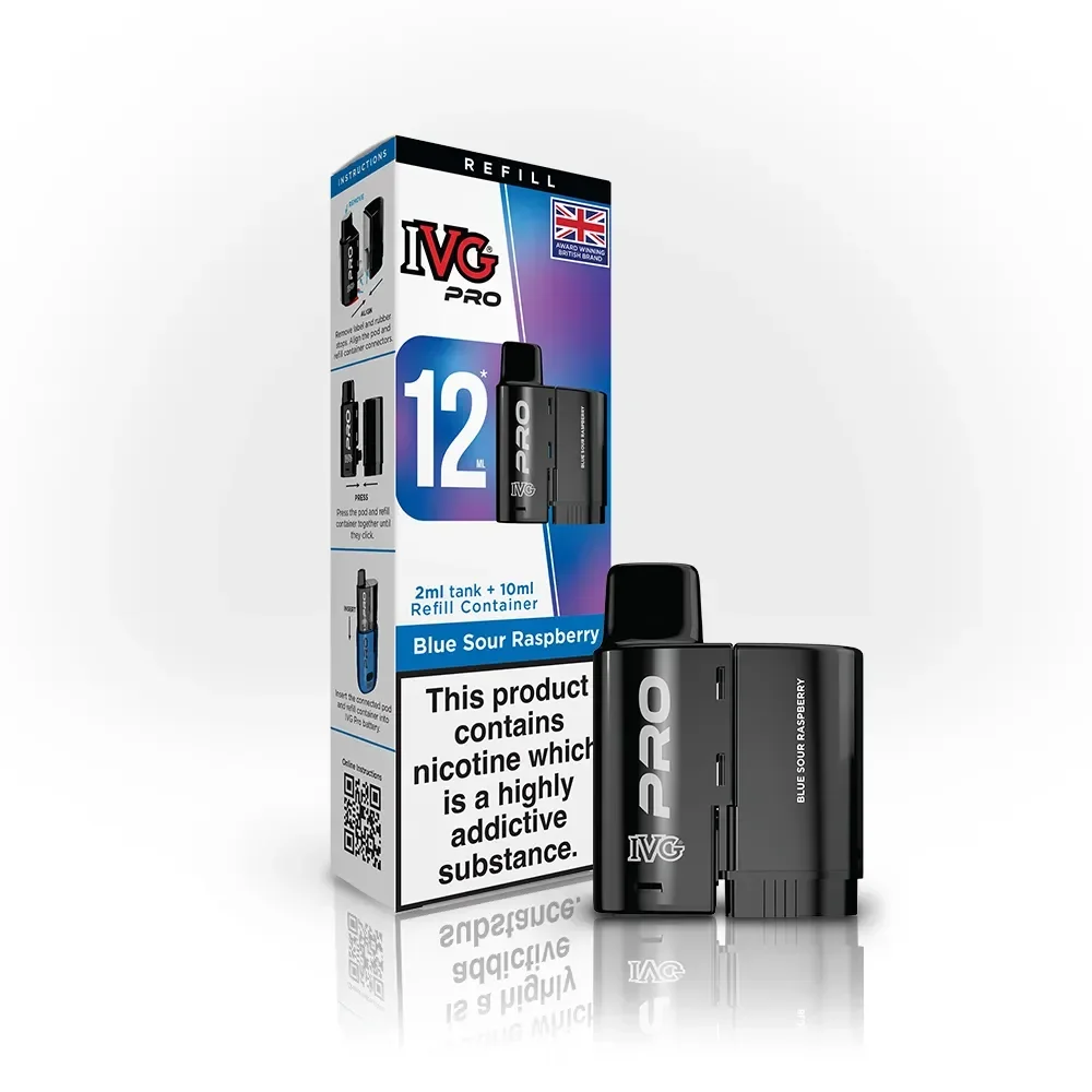 IVG Pro 12 vape pod kit with blue raspberry flavor and refill pod box, shown with two black pods beside it