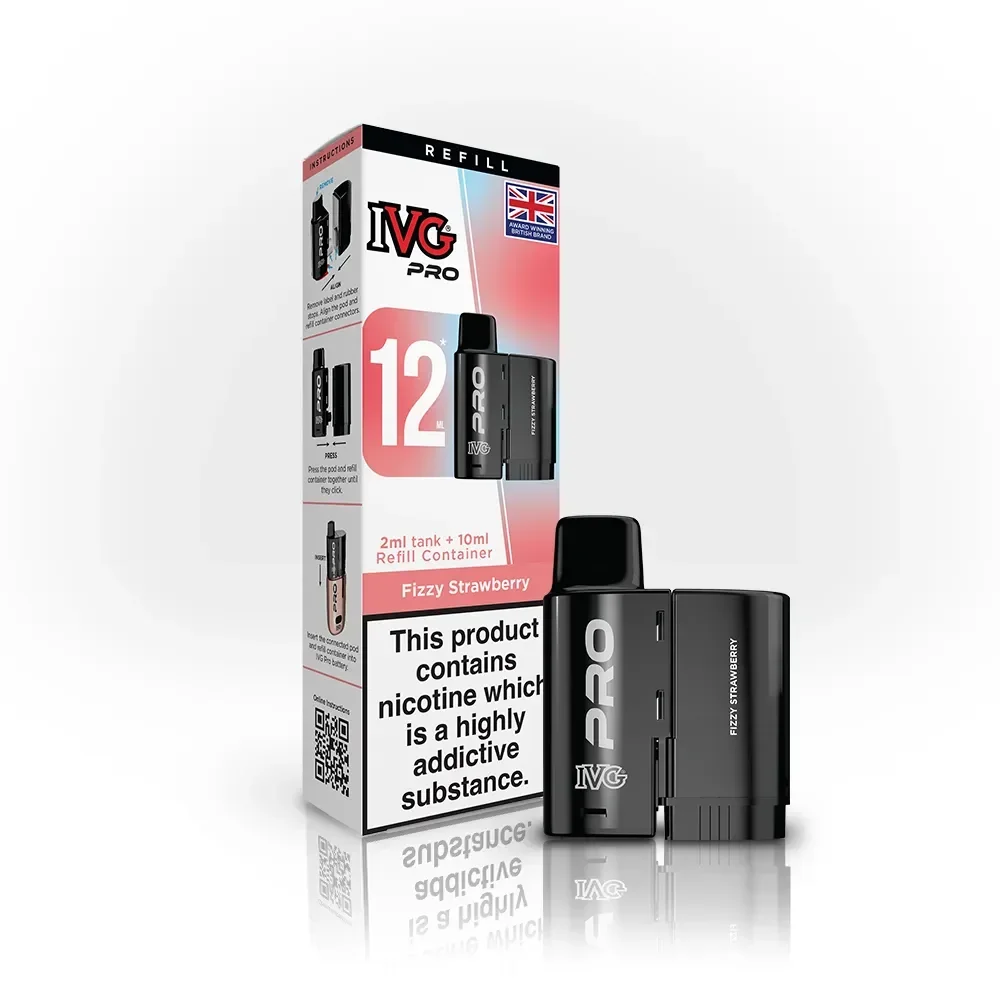 Vape device kit with black modular pod and box labeled IVG Pro, nicotine warning on front, Fizzy Strawberry flavor text visible as packaging art
