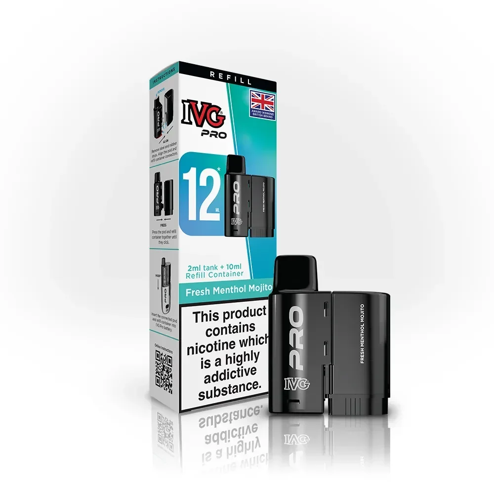 IVG Pro vape starter kit with black pods, 12 ml tank, and Fresh Menthol Mojito flavor on the box, shown with reflection. Includes nicotine warning label on packaging.